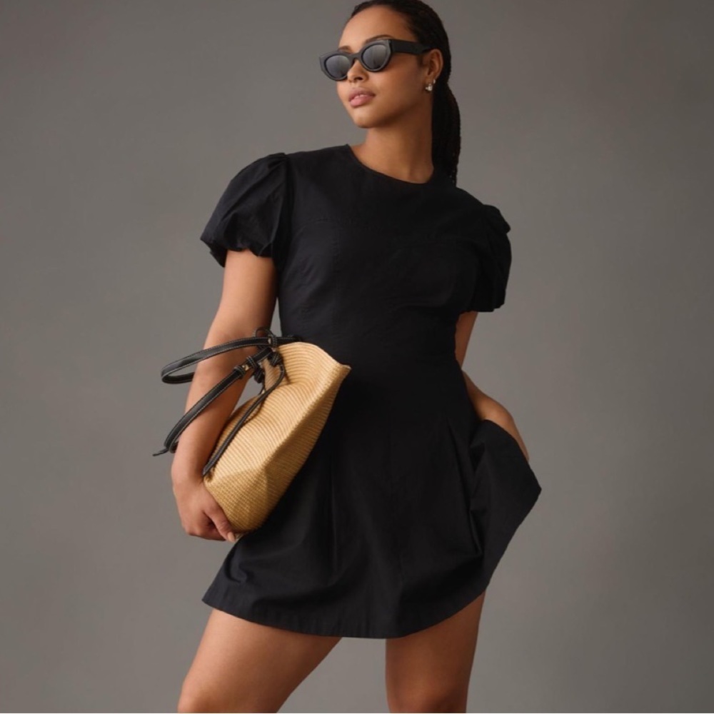 NWOT • Maeve Anthropologie • 1X • Black Puff-Sleeve Pleated Mini Ruched Dress